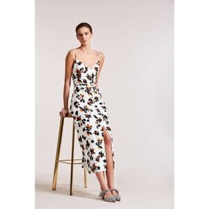 DEREK LAM White Floral Print Camisole Button Front Waist Tie Midi Dress Size 12